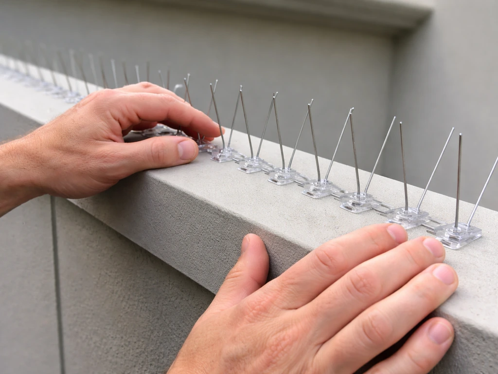 Anonymous hands position bird spikes along a clean, dry exterior beam edge before adhesive is used.
