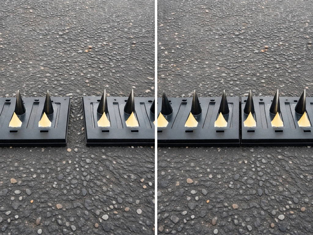 Two rubber spike strips on a dark surface showing a gap and a corrected gap-free butt joint with a short added piece.