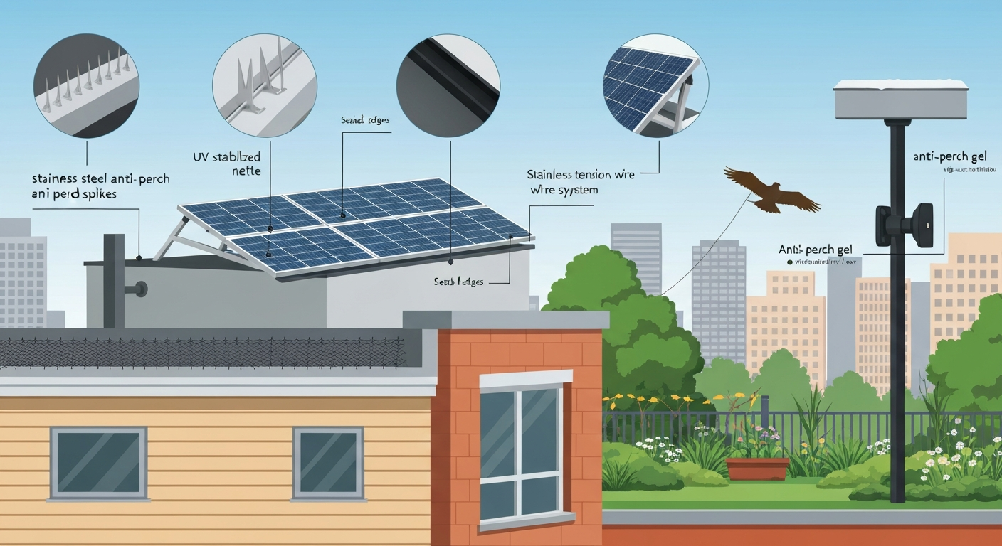 Infographic-style rooftop and garden scene showing spikes, exclusion netting over solar panels, tension wire, reflective tape and predator silhouette, an acoustic speaker, and labeled callouts for each deterrent.