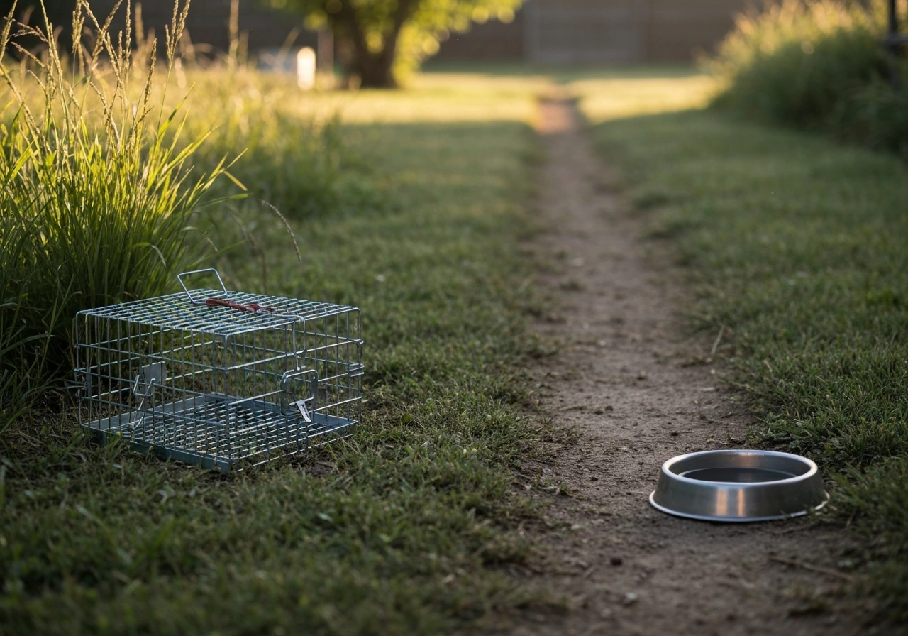 Closed live-capture cage trap outdoors near grass, ready for safe humane bird trapping methods.