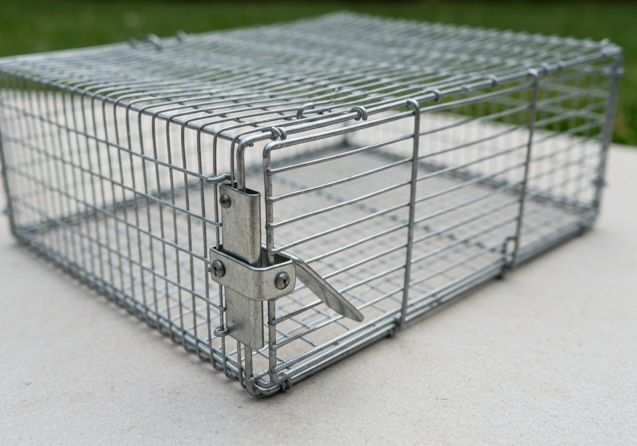 Close-up of a humane wire-mesh live-capture cage trap showing its entrance door and latch mechanism.