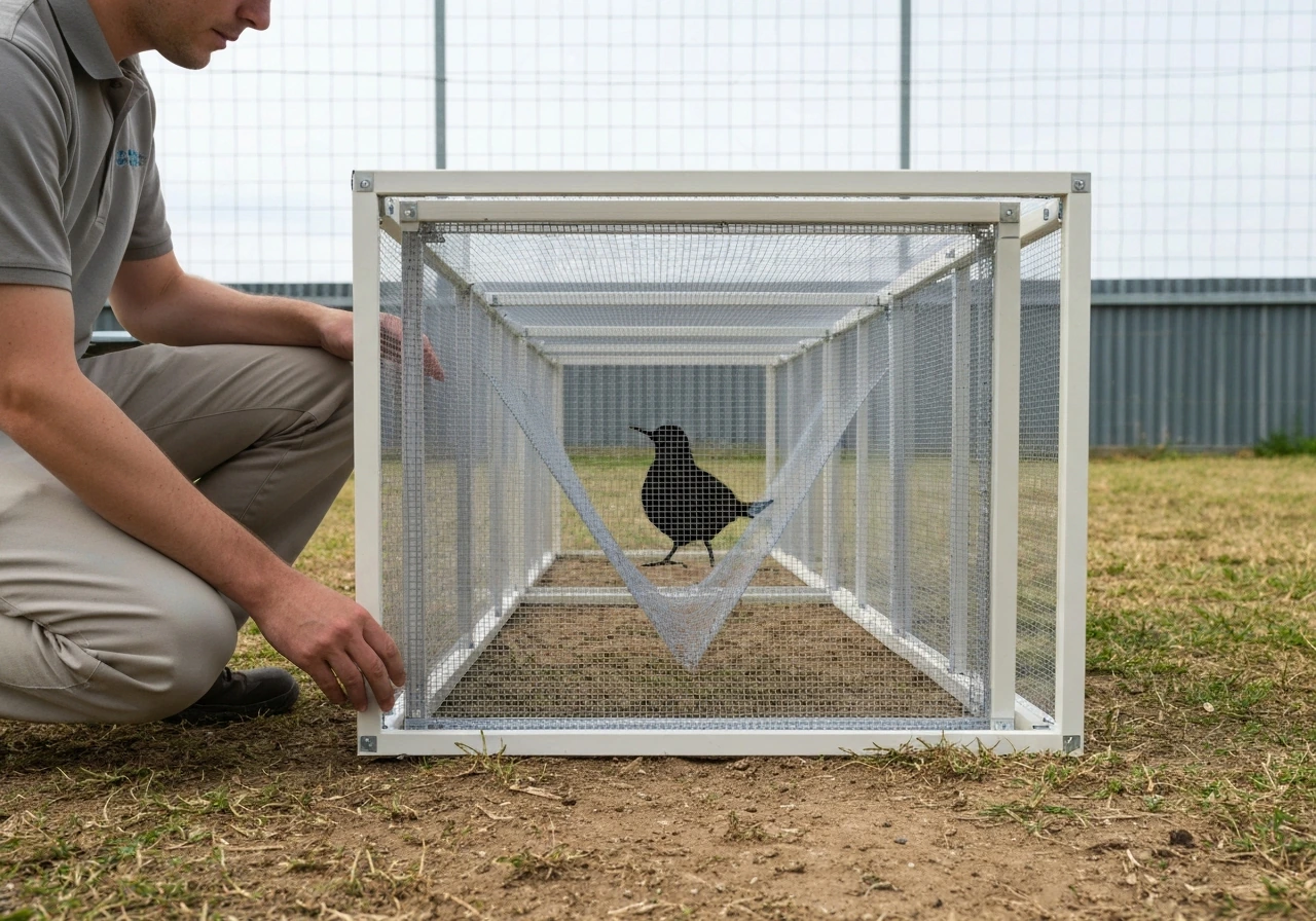 Technician in a quiet outdoor enclosure demonstrating a one-way walk-in funnel trap pathway