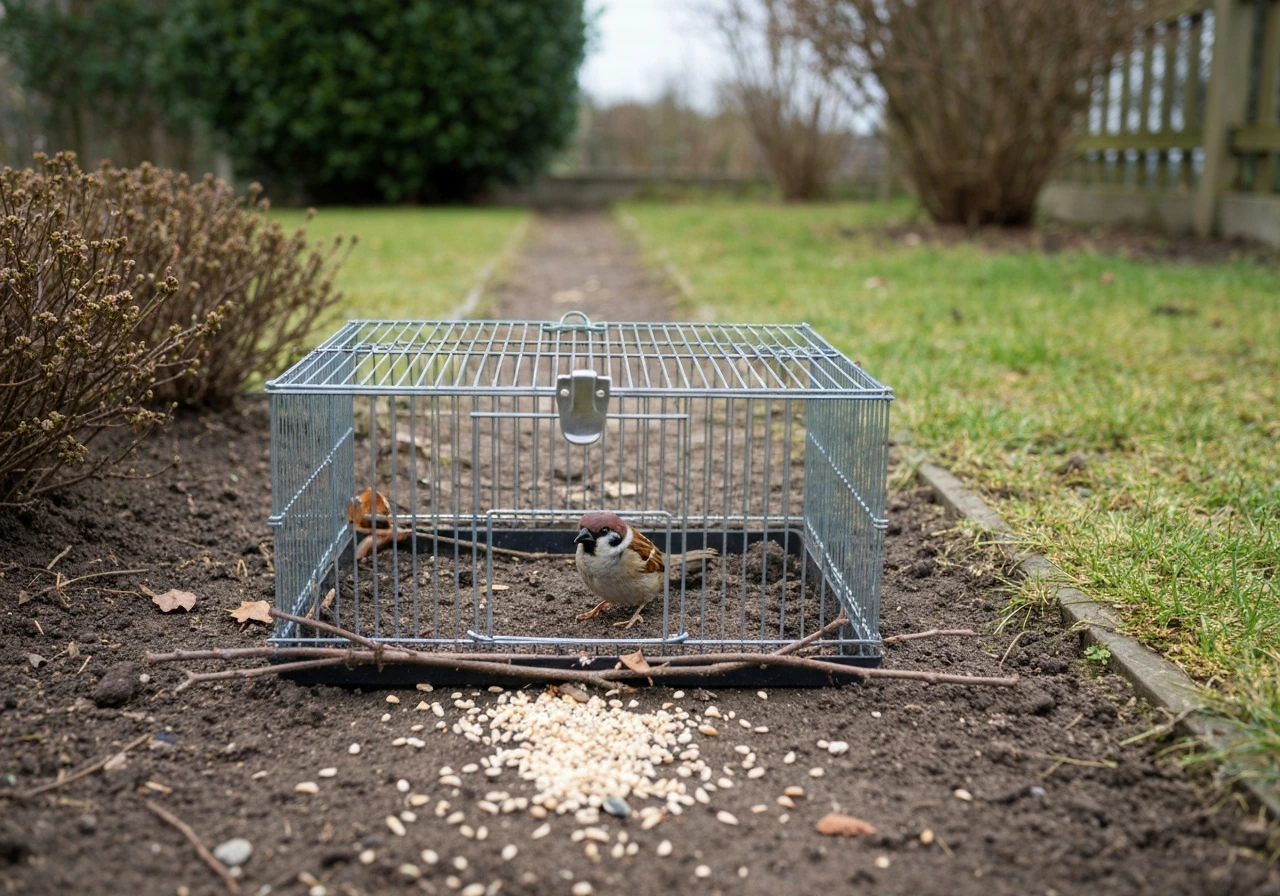 Live-capture wire cage trap outdoors aligned with a sparrow’s active path near seed on soil.