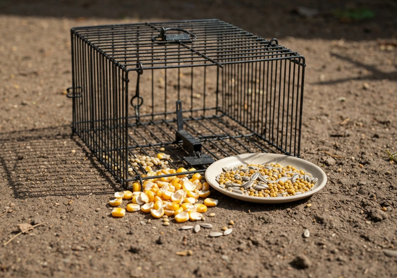 Cracked corn and milo seeds placed inside a live cage trap on the ground in natural light.