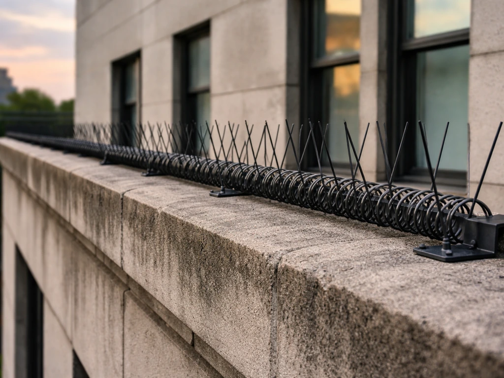 Bird spikes installed along a quiet building parapet to prevent birds from landing and nesting.