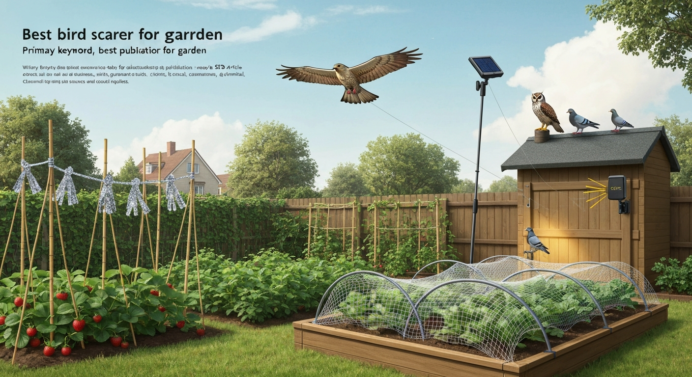 Garden scene showing exclusion netting over a raised bed, reflective tape and streamers, a hawk kite on a telescopic pole, a solar sonic unit on a fence post, and a hawk decoy on a shed roof; pest birds kept at the edge.