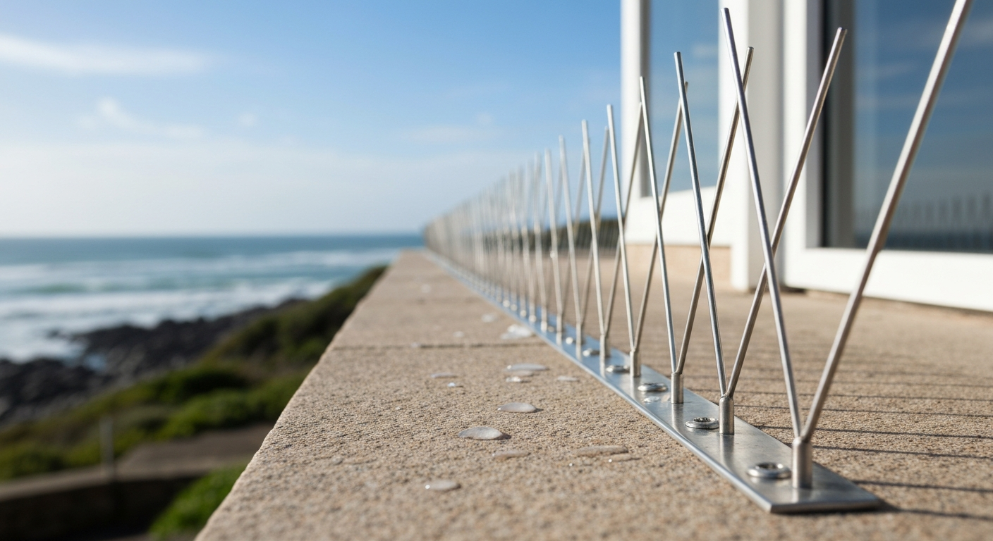 Stainless steel bird deterrent spikes installed on a stone ledge of a roofline with ocean in the background.