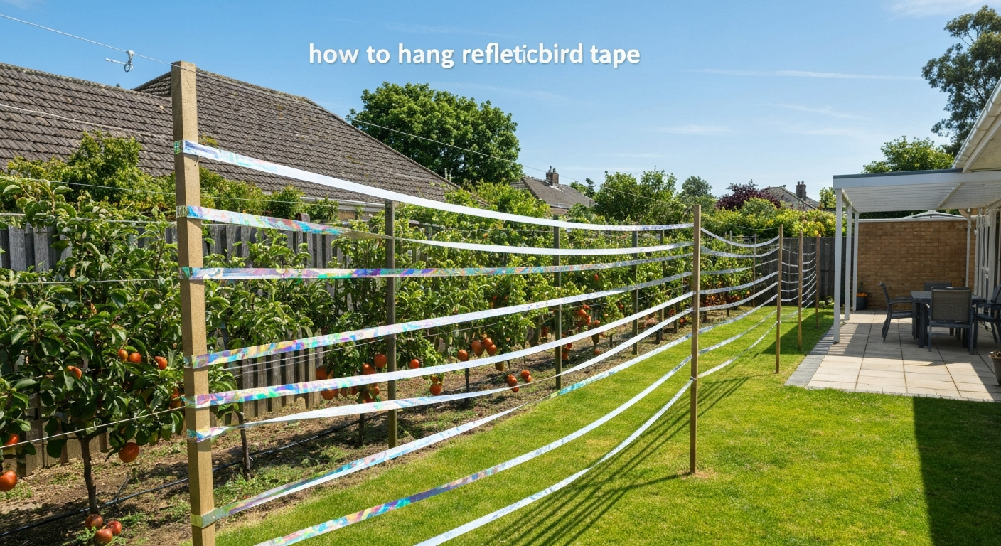Backyard garden with reflective bird tape strips fluttering between stakes and posts, creating bright reflective flashes.