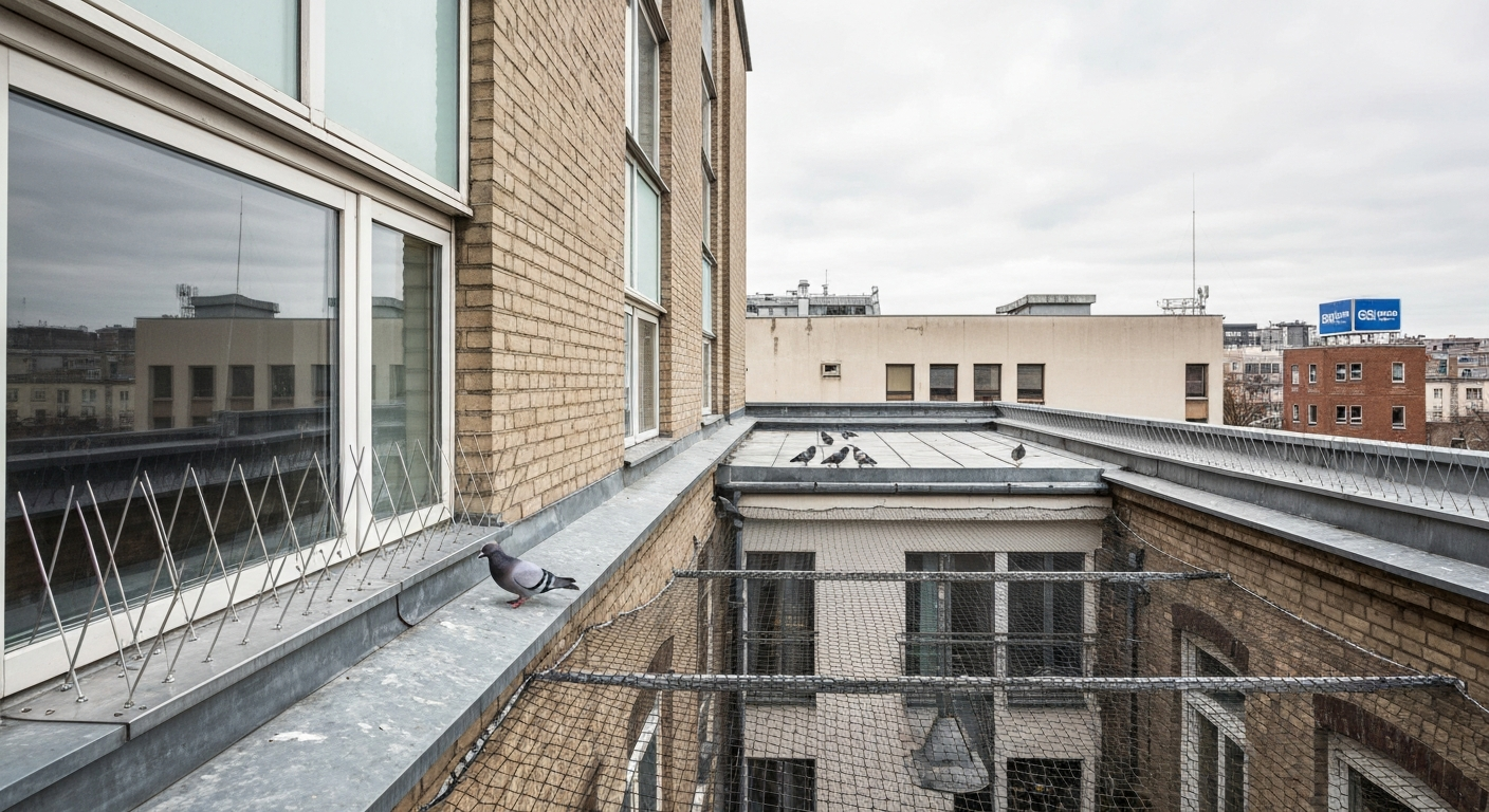 Urban building rooftop and facade showing bird spikes, anti-roost wires, and sealed netting protecting a courtyard; pigeons nearby but not landing on protected surfaces.