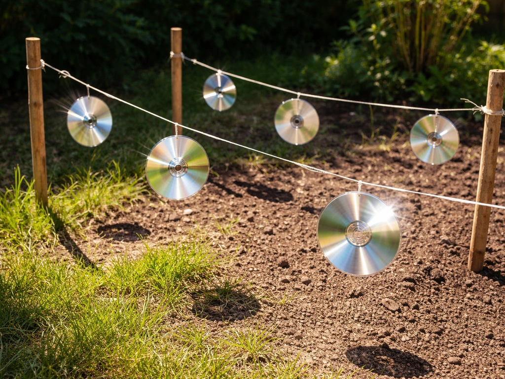 Sunlit backyard scene showing spinning CD bird scarers on strings reflecting light over grass.