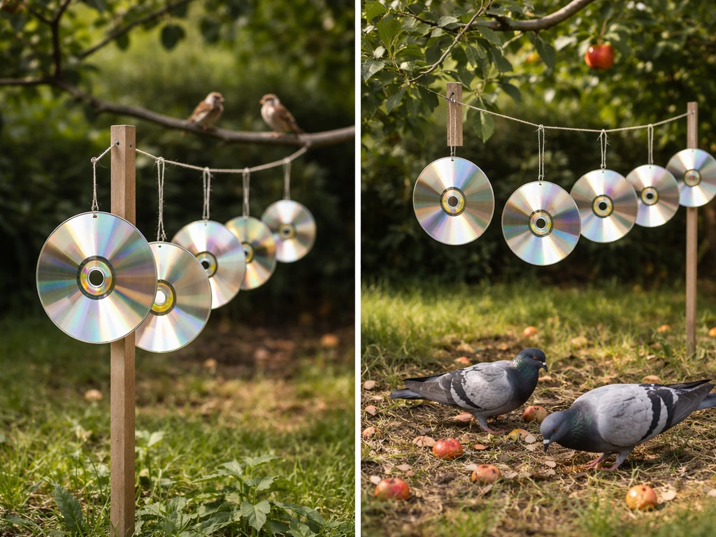 Left: small birds avoid reflective CDs. Right: pigeons land near the CDs in a quiet garden.