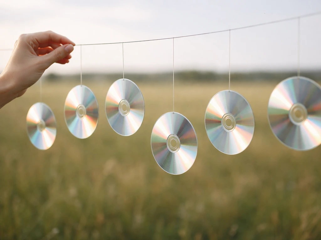 Close-up of several CDs hanging from thin monofilament line outdoors, freely spinning in a light breeze.