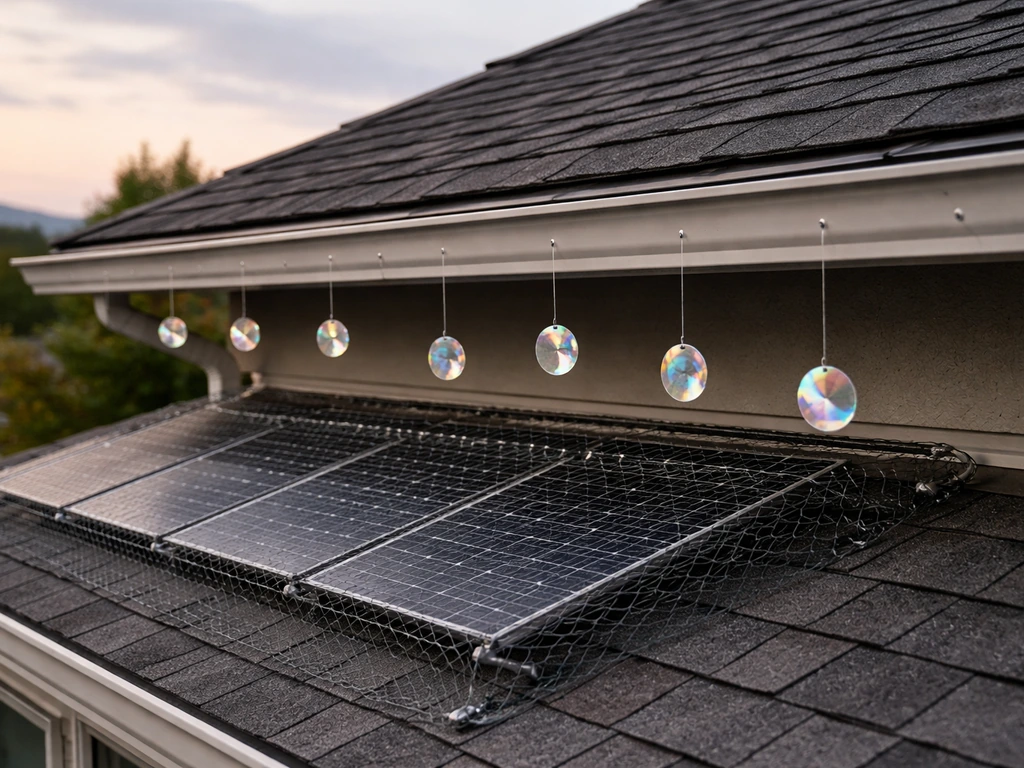 Layered bird deterrence: reflective CD-like discs hung along a rooftop edge with protective netting over solar panels.