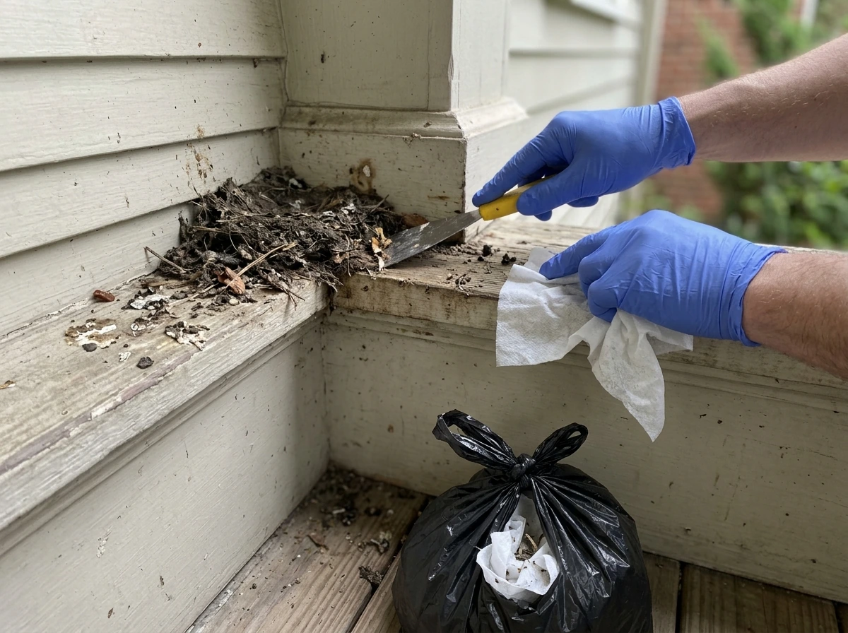 Cleaning a ledge corner before installing bird deterrents