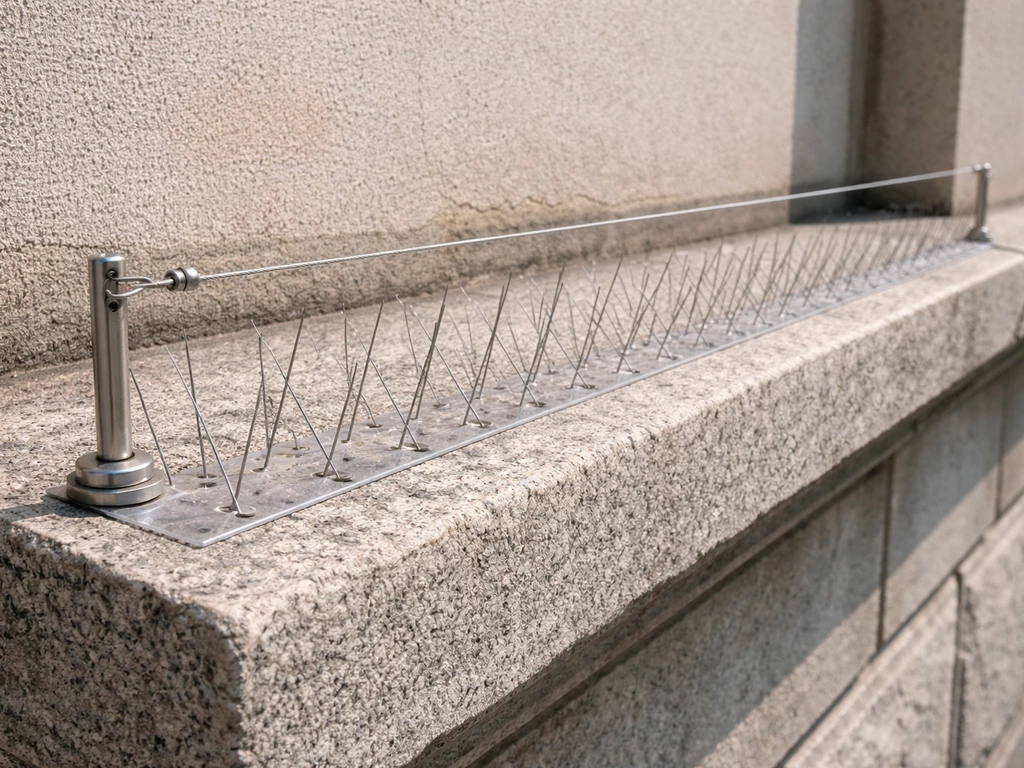 Outdoor ledge with clearly installed anti-roost spikes deterring pigeons from landing