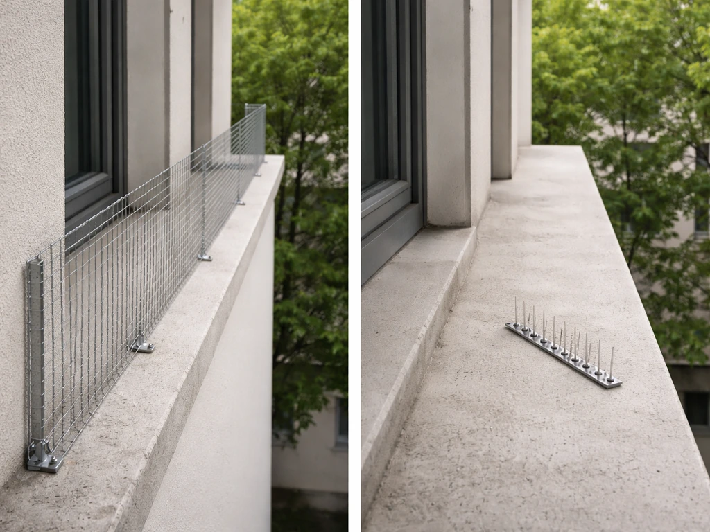 Balcony window ledge with an installed mesh barrier and an unobtrusive deterrent supplement beside it.