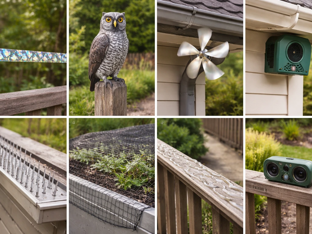 Minimal collage-style photo showing distinct anti-bird deterrents: tape, decoy, windmill, sound unit, spikes, netting, a