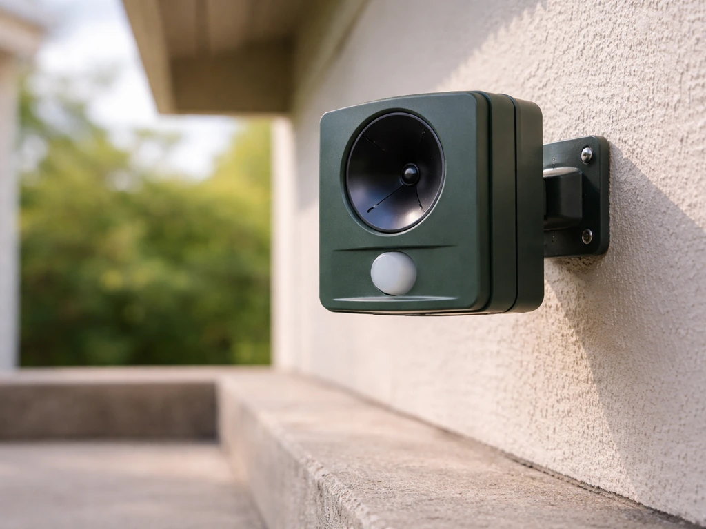 Outdoor sonic/ultrasonic pest deterrent unit mounted on a wall facing an open approach area.