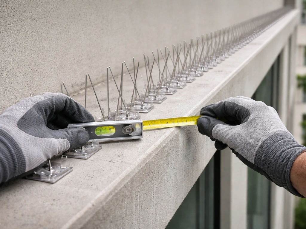 Gloved hands installing anti-perch spikes along a ledge, using a level to keep the line continuous and gap-free.