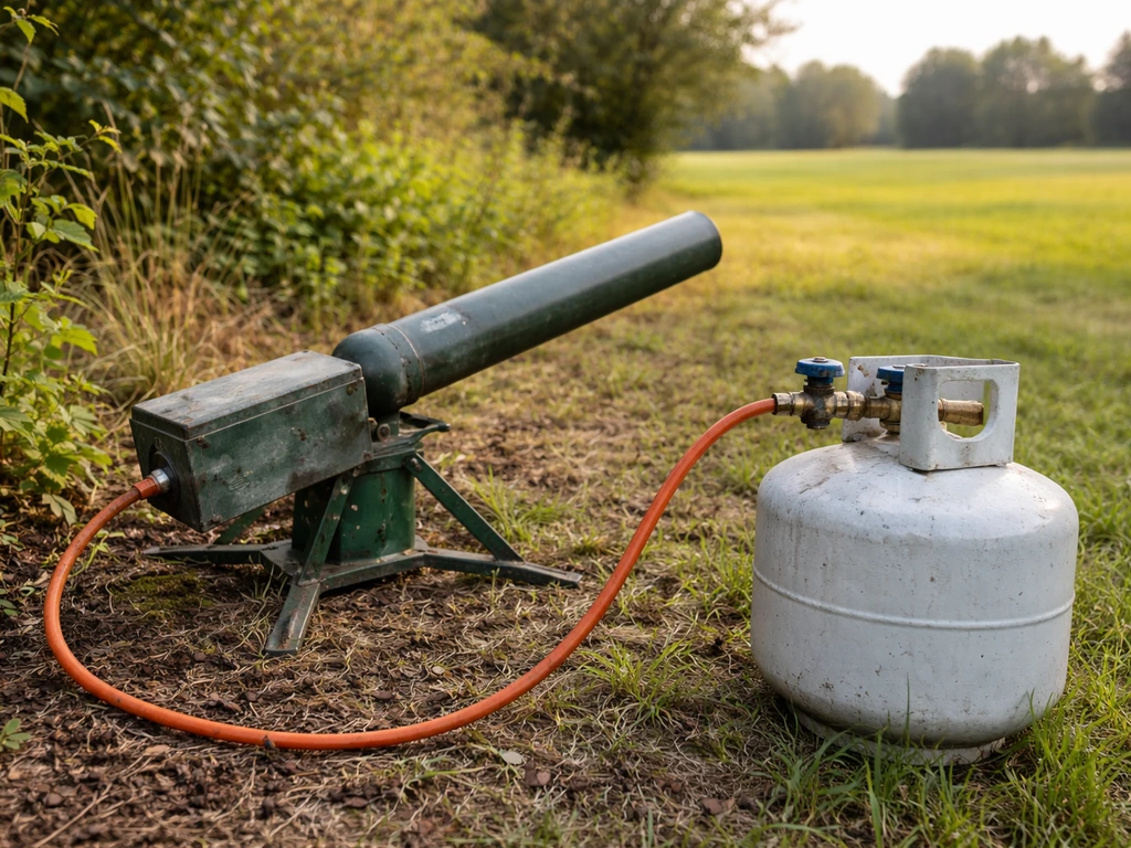 Outdoor view of a propane gas gun bird scarer with barrel, control box, and propane tank aimed toward a field.