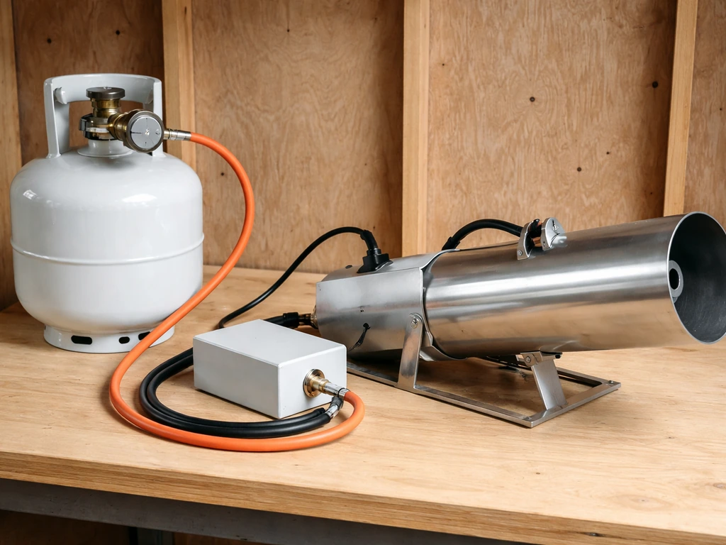 Close view of a propane bird scarer showing barrel with spark plug, control box, and propane tank with wiring.