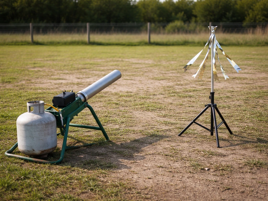Side-by-side view of a gas gun at a bird-safe test area with a reflective deterrent nearby