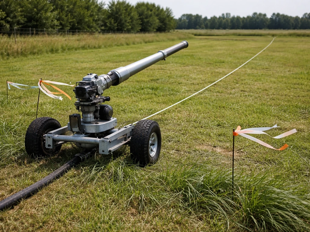 Field cannon device reoriented with subtle wind streamers showing the corrected spray direction.