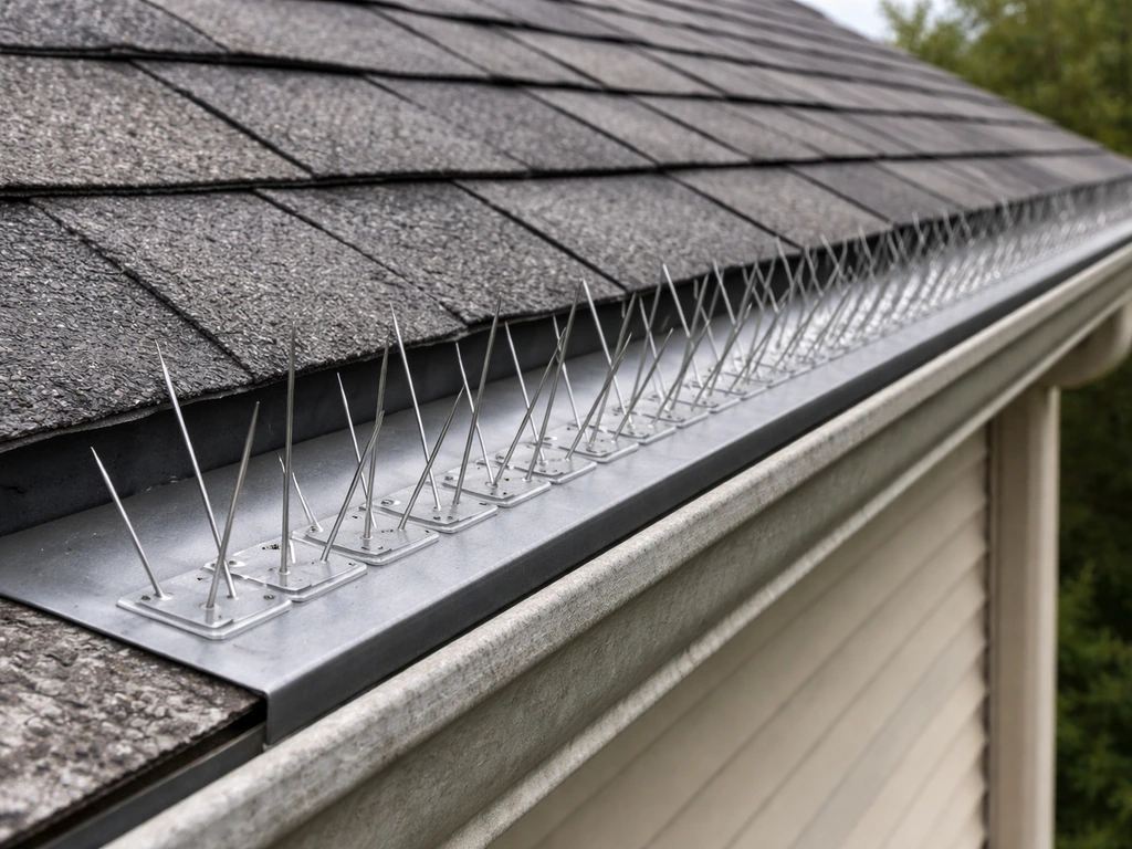 Close-up of anti-roosting spikes installed along a roof edge above shingles and gutter.