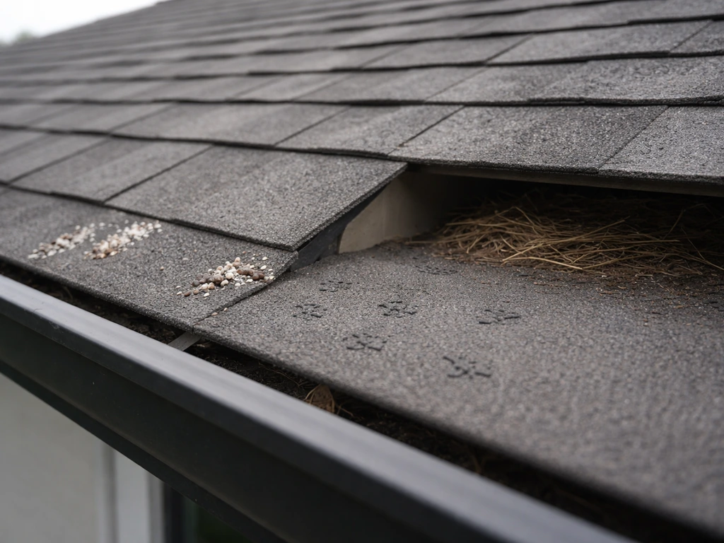 Close view of a roof edge showing droppings near a resting area and a tucked nest spot under the overhang.