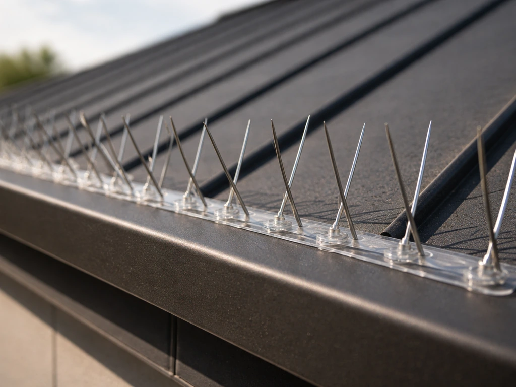 Close-up of anti-roosting spikes mounted along a roof edge
