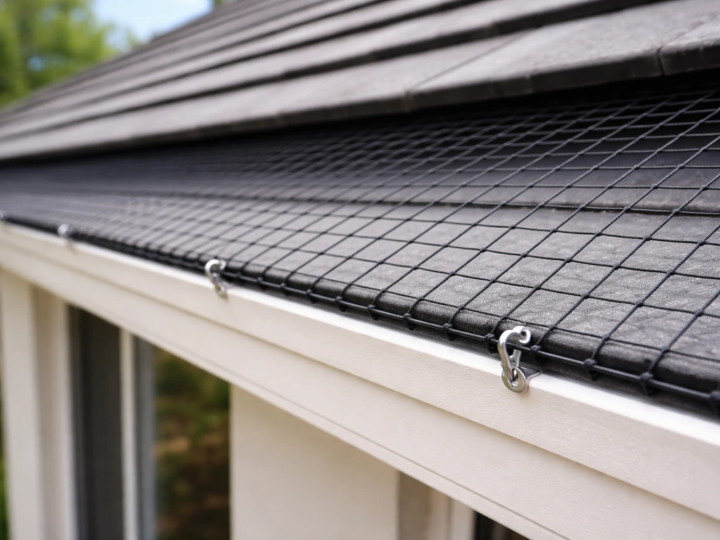 Taut bird netting installed over a home eave with secure edge attachment and natural outdoor light.