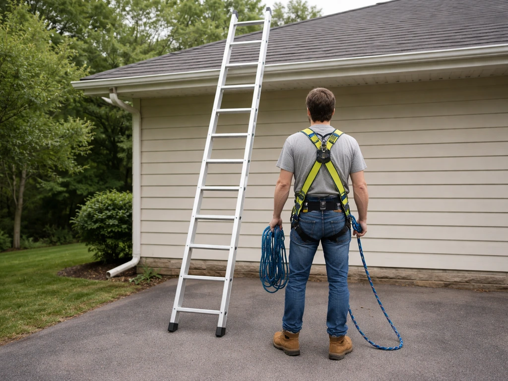 Anonymous person at the base of a ladder set safely above a pitched roof edge, wearing non-slip footwear.
