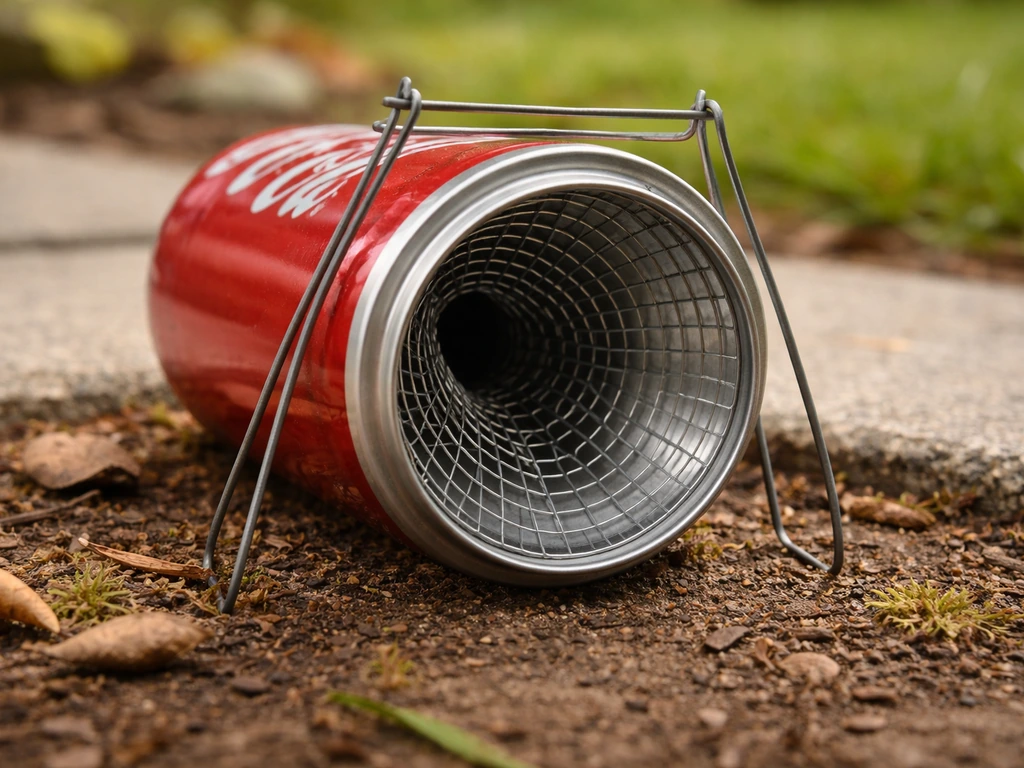 Close-up of a homemade coke-can funnel bird trap outdoors, showing the funnel entrance and support structure.