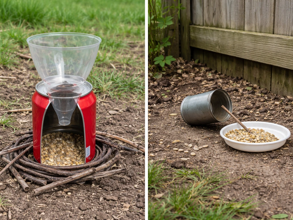 Side-by-side photo of a DIY funnel bird trap and a separate improvised can setup in a backyard.