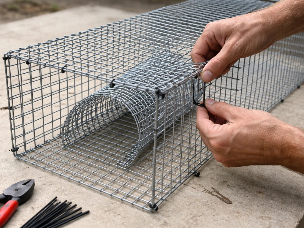 Hands joining wire mesh panels to form a rectangular enclosure with a funnel entry trap