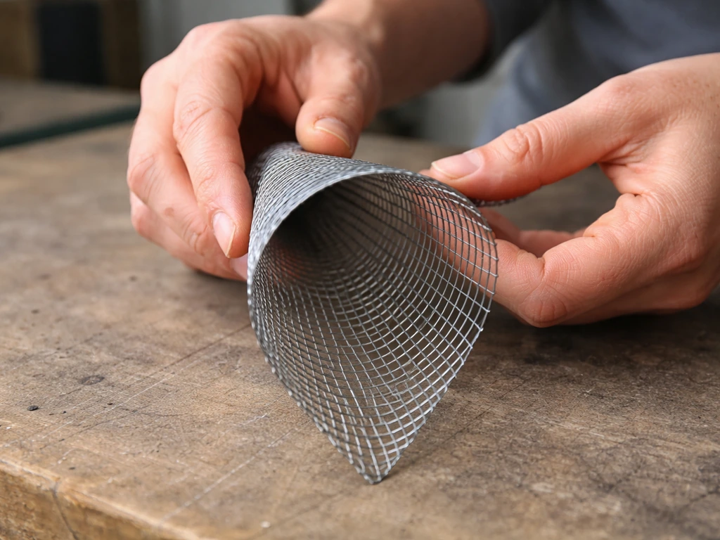 Close-up of wire mesh being rolled into a cone funnel with the wide opening facing forward.