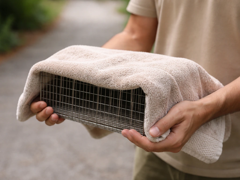 A covered wire bird trap being gently held with a towel, ready to transport for humane release.