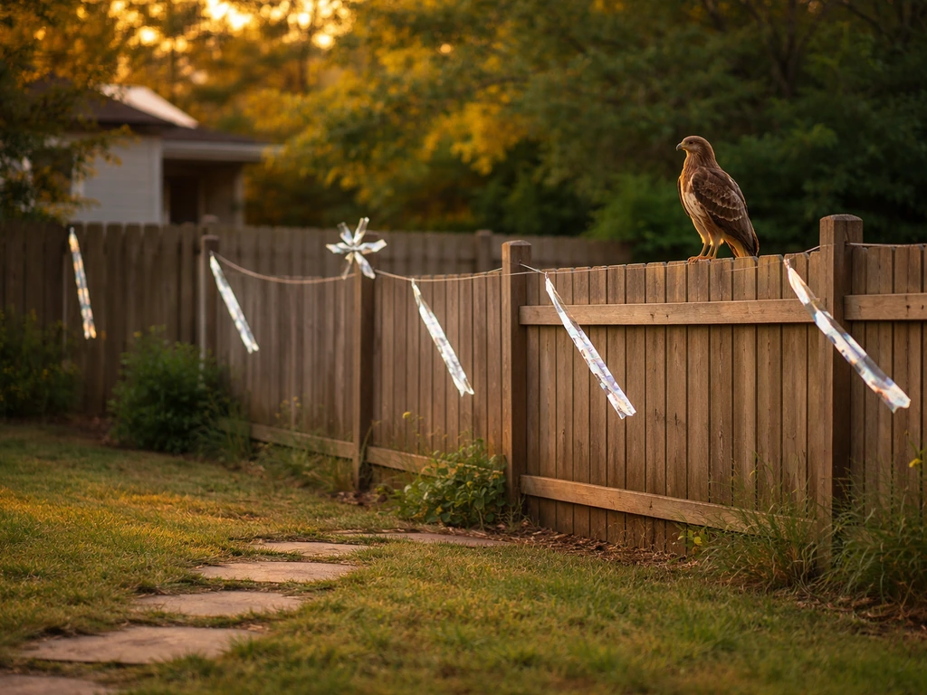 A hawk-deterrence setup by a fence with fluttering reflective strips in a quiet yard