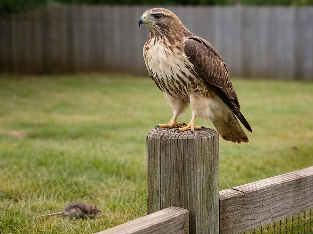 Red-tailed hawk perched high on a fence post, with a small mouse visible near the ground.