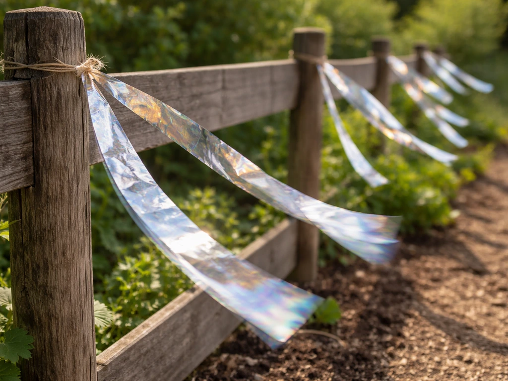 Wind-fluttering reflective and flash tape strips tied to a fence post in bright natural light.