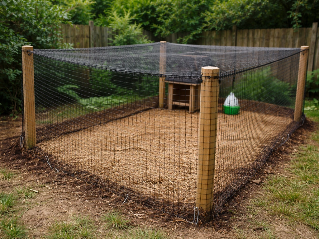 Taut bird netting fully covering a backyard chicken run enclosure with secured edges