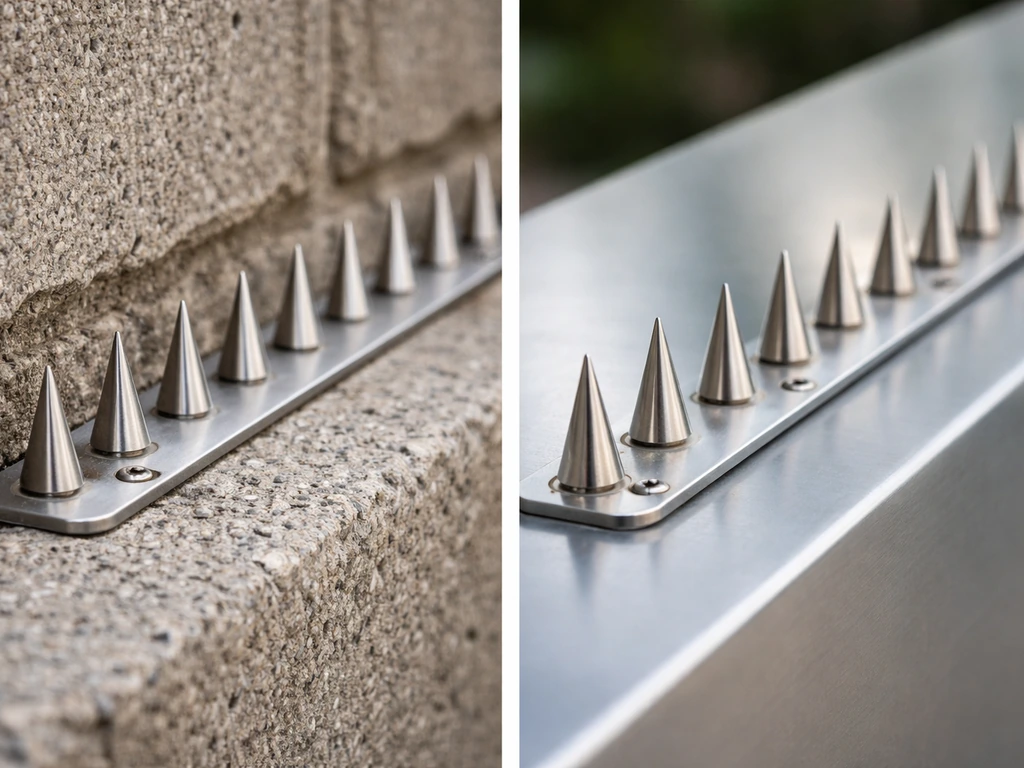 Stainless steel spike anchors mounted on masonry and metal surfaces, side-by-side for comparison