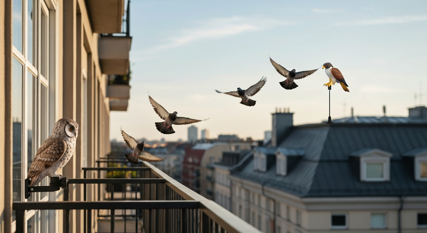 City balcony and rooftop scene showing a swivel-mounted plastic owl and a motorized raptor decoy scaring pigeons into flight, daylight, editorial style.