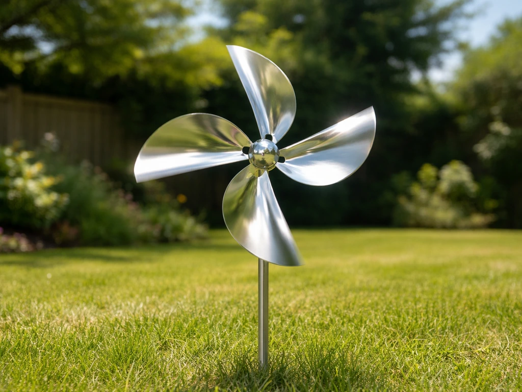 Sunlit garden with a spinning reflective bird-repellent windmill spinner installed on a post.