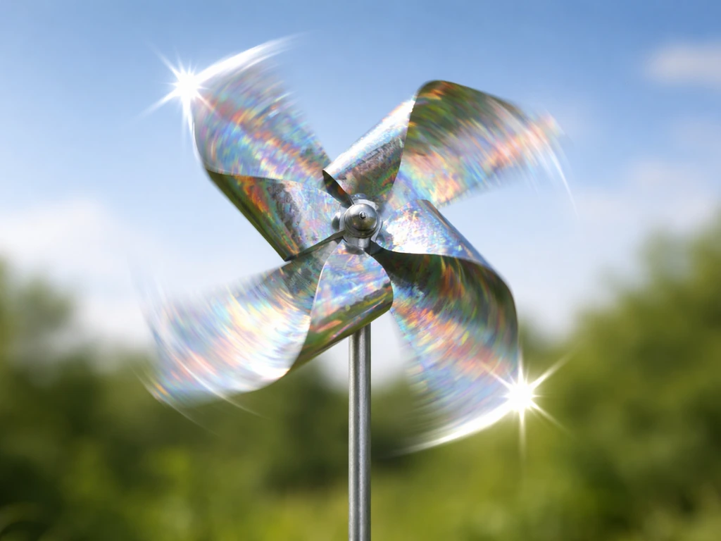 Close-up of a reflective windmill-style bird repellent paddle spinning on a pivot in the breeze