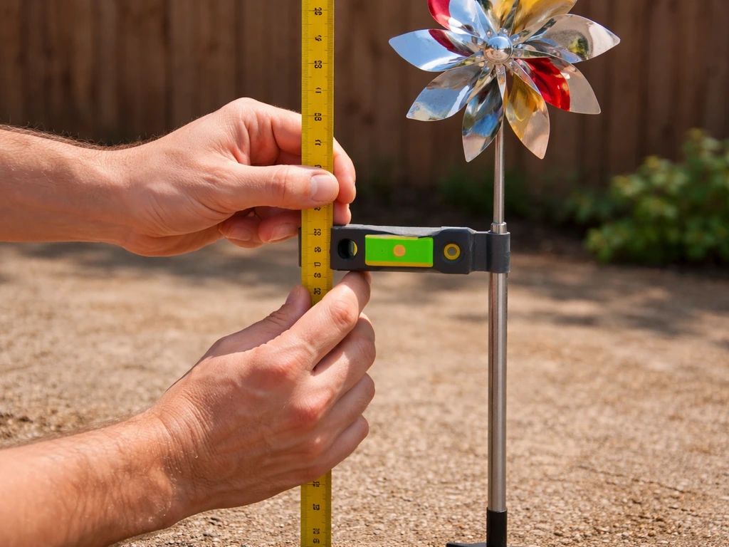 Technician using tape measure and level to align mounting height on-site for a windmill-style deterrent.