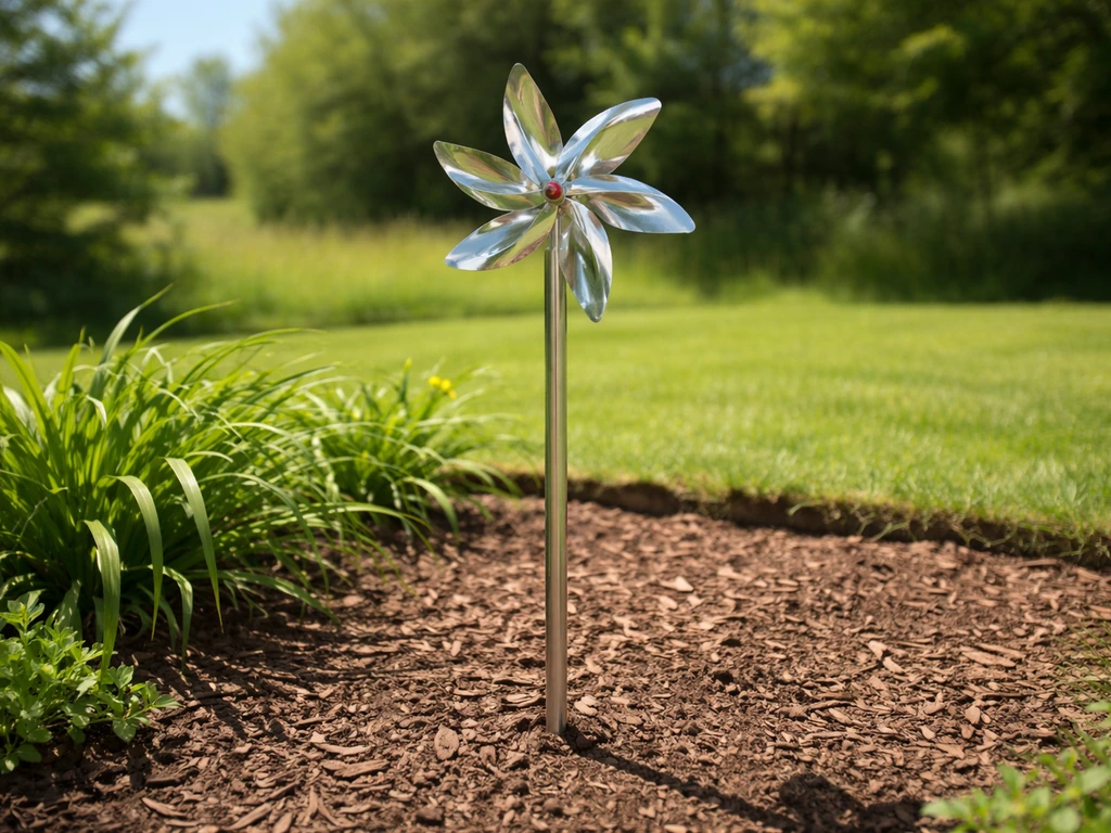 Windmill-style wind repellent on a vertical stake in firm soil, with nearby garden plants in sunlight.