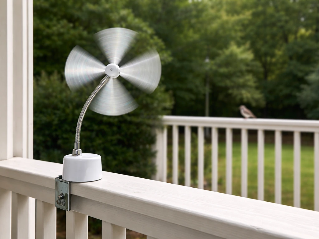 Side view of a wind spinner repellent with clear clearance as a bird perches in the background.