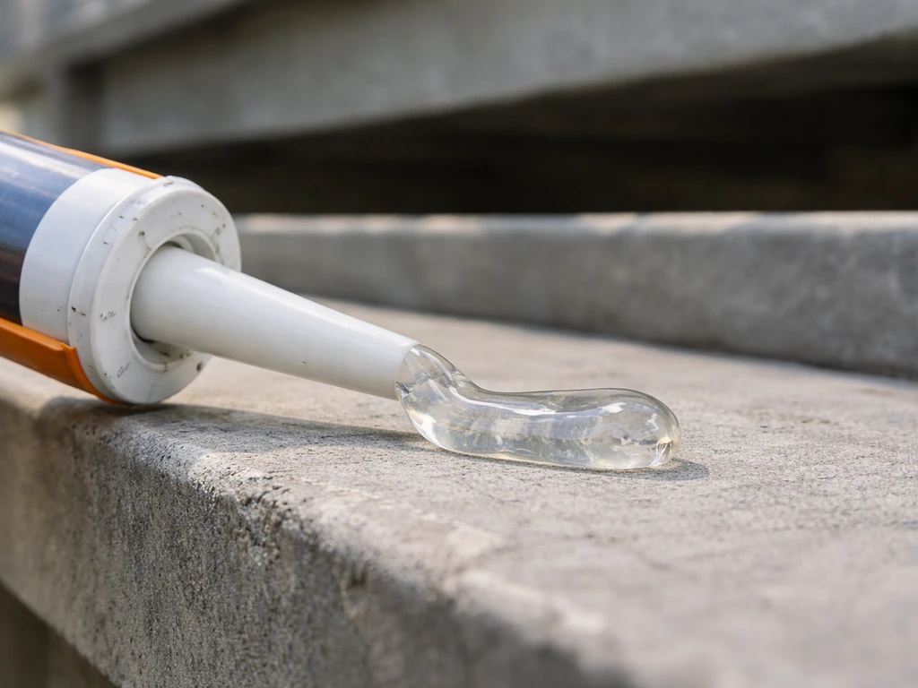 Caulk-style tube of bird repellent gel beside ledge and beam surfaces with roost-line texture cues.