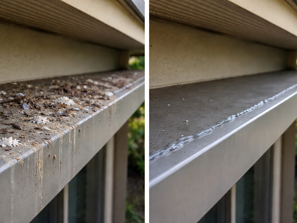 Split view of a window ledge: droppings on one side, clean edge with sticky gel line on the other.